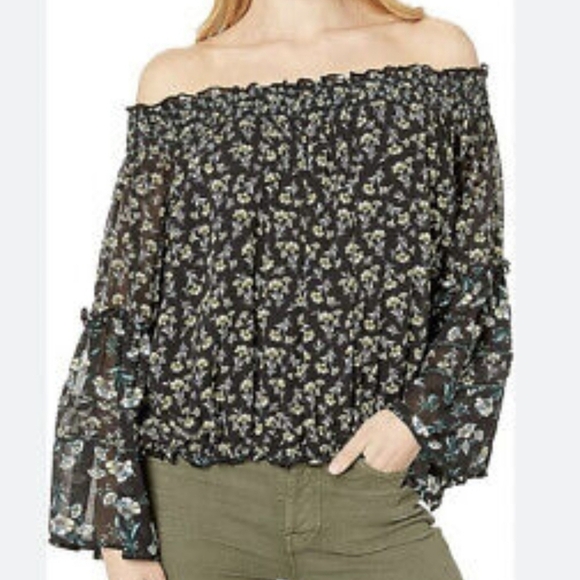 Free People Rose Valley Blouse small black with flowers bell sleeves - Picture 6 of 15